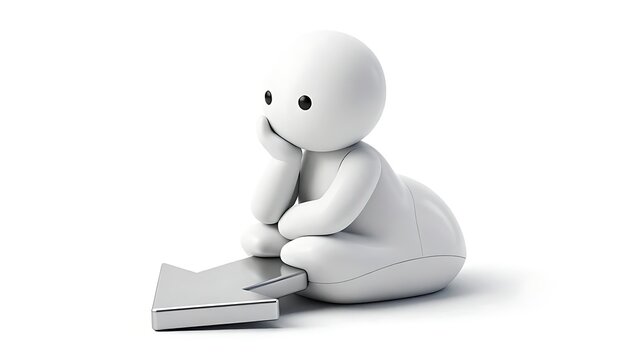 Cute white 3D character shaped like a computer mouse leaning on a silver arrow. Concept of tech pause, web scrolling, and decision making isolated on white background.