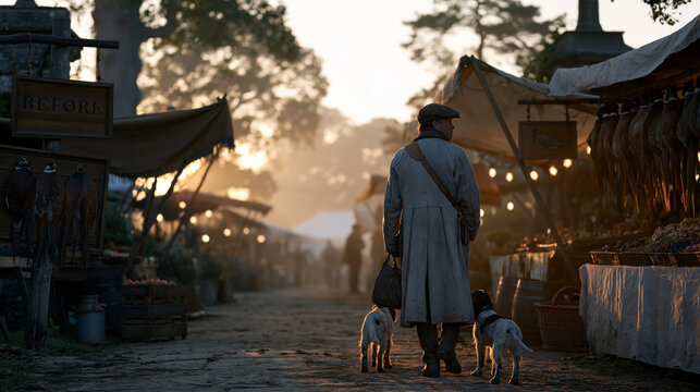 A gamekeeper walking a misty estate at dawn with two working spaniels at heel, passing through a vibrant rural produce market set up at the estate gate, wooden game signs and