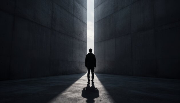 Silhouette Person Standing Before Luminous Concrete Gap