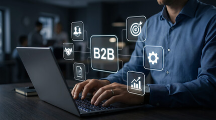 Fototapeta premium Businessman holding B2B icon network presenting business strategy concept