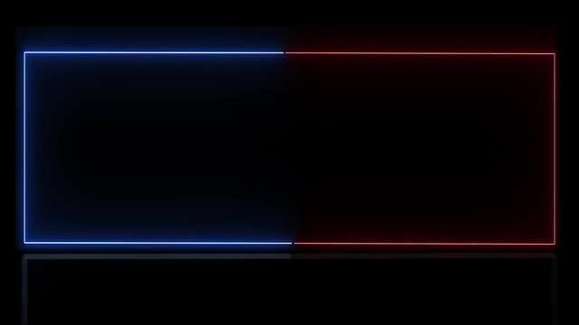 Neon versus title frame blue red glowing outlines, black central copy space, and polished reflective base. game battles, sports matchups, competition promos, event titles, futuristic graphics.