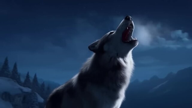Gray Wolf Howls At Full Moon On Snowy Mountain Stock Footage