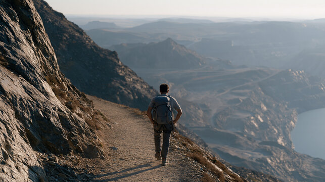 A solo hiking guide pauses on a switchback trail in an industrial quarry landscape, safety harness visible, both hands on knees mid-climb, a solitary figure suggesting deep