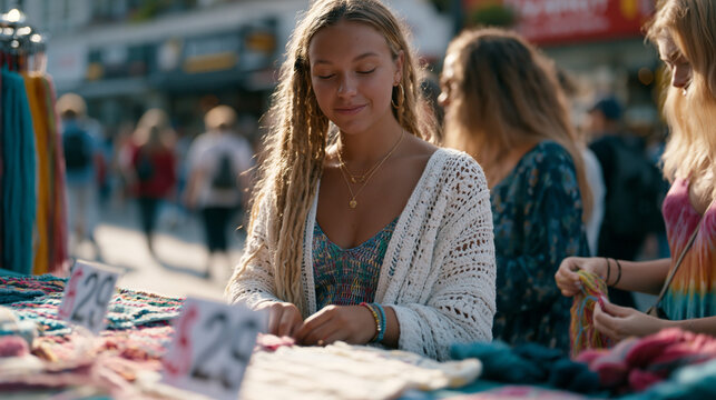 A crochet artisan displaying finished pieces at a busy urban market stall with bold numbered price signs and diverse shoppers fingering colorful yarn samples as foot traffic flows