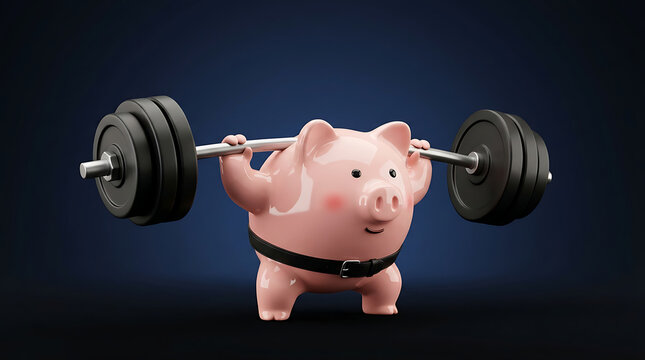 Piggy bank lifting heavy barbell to represent financial strength and wealth growth