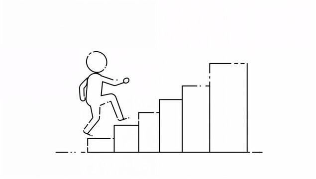 ブロック階段を1段ずつ一歩一歩登る棒人間イラスト