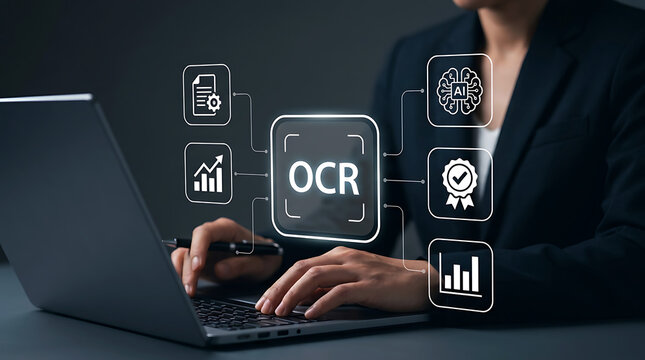 Businessman using laptop for ocr optical character recognition ai