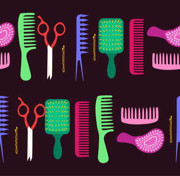 Vector illustration of colorful hairbrushes, combs, scissors and hairpins arranged as a seamless pattern on a dark background