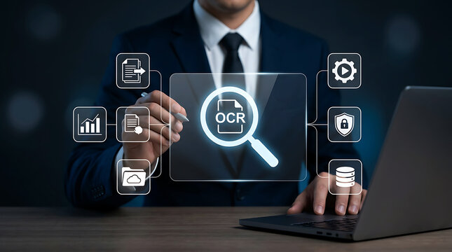 Businessman using OCR optical character recognition software on laptop