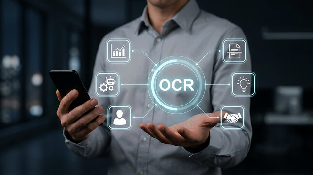 Businessman holding ocr optical character recognition icon technology