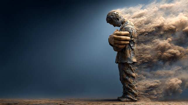 Human figure stands strong against powerful gust of wind, supported by large stone hands symbolizing support system. scene conveys resilience and strength