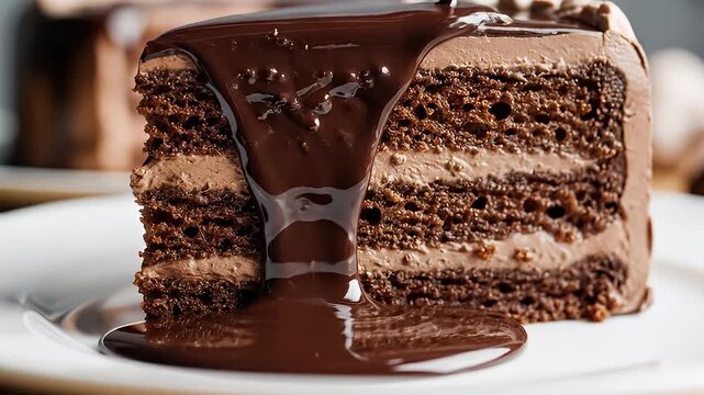 Slice of chocolate cake with creamy frosting and pouring sauce