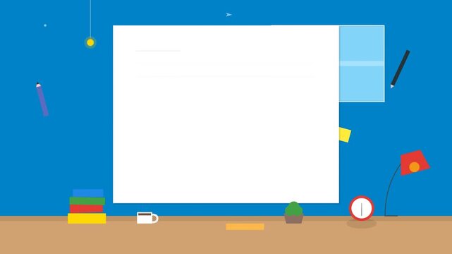 Minimalist flat design workspace illustration with blank whiteboard frame and school supplies for education concept background