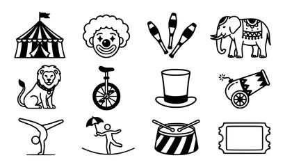 Circus icon set with tent clown elephant lion unicycle top hat cannon juggling pins acrobat and ticket line illustration © Abdullahall