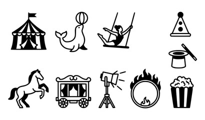 Circus icon set with tent seal ball trapeze artist party hat magic top hat horse wagon spotlight fire hoop and popcorn © Abdullahall