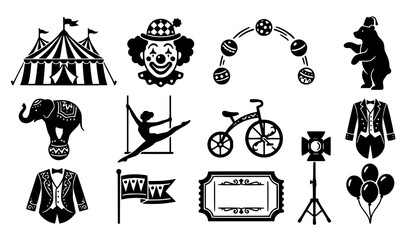 Circus icon set with tent clown juggling balls bear elephant trapeze tricycle spotlight ringmaster coat ticket and balloons black illustration © Abdullahall