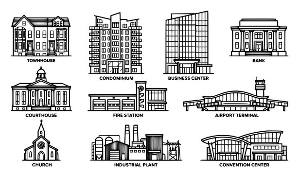 Building types icon set with townhouse condominium business center bank courthouse fire station airport church industrial plant and convention center