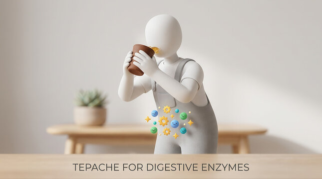Three dimensional character enjoying tepache highlighting the advantages for digestive health and the microbiome