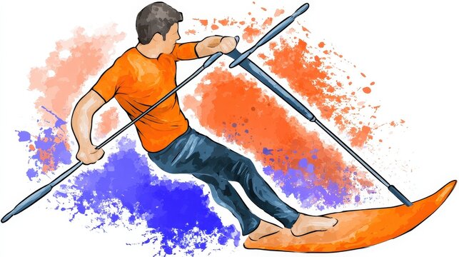 Dynamic watercolor illustration of a man engaging in sit-down water skiing activity