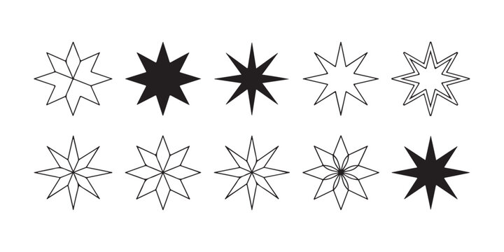 Set of eight pointed star vector icons collection of various geometric starburst shapes for branding.