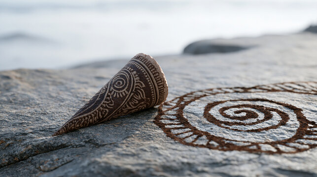 A delicate henna cone rests tip-down on a smooth stone surface in early morning mist, the intricate dried pattern on the stone beside it forming a double helix spiral shape, a