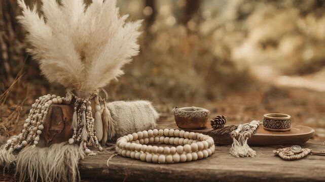 Bohemian style jewelry and natural accessories displayed on rustic wooden surface outdoors in soft sunlight. Earthy tones and handmade textures create a cozy, organic atmosphere in this boho scene
