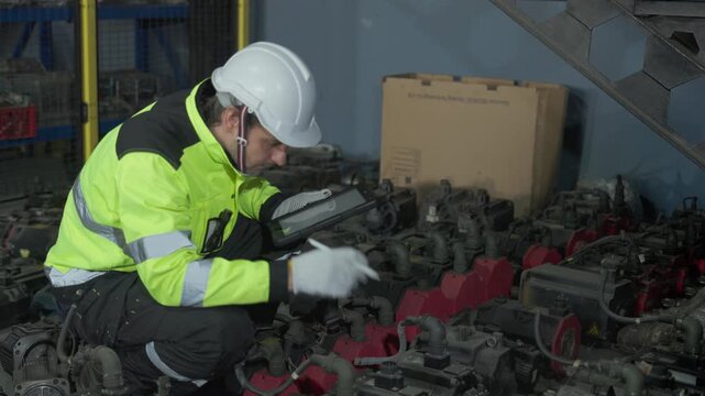 A close-up shot of a technician's hands inspecting wiring on a servo motor component in an industrial factory during maintenance.