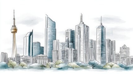 Naklejka premium Modern City Skyline with Skyscrapers and Tower over Green Park in Artistic Style