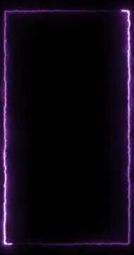 Vertical Purple Electric Energy Frame Animation on Black Background &ndash; Glowing Plasma Lightning Border Overlay, Futuristic Screen Frame, Seamless Loop 4K.