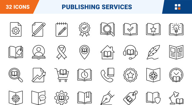 Publishing line icon set. Vector pictograms of publishing, editing, literature, and document elements, thin linear illustration.