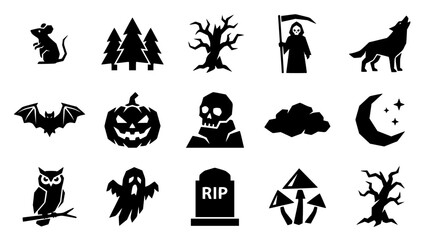 Fototapeta premium Halloween silhouettes of spooky icons in black against a white background for festive design
