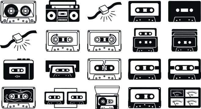 Audio cassette tape vector icon set featuring retro boombox music recorder player elements and vintage stencil graphics