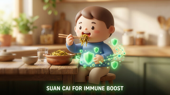 Animated child enjoying suan cai noodles with probiotic benefits for immune health in a cozy kitchen setting