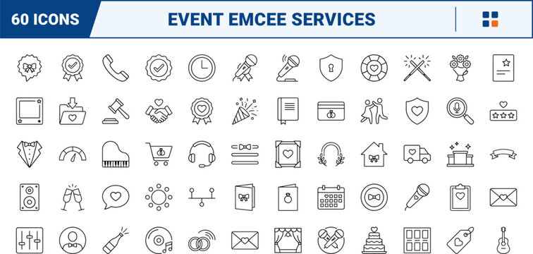 Wedding Emcee Service Icons line icon set. Vector pictograms of reception, hosting, entertainment, and celebration elements, thin linear illustration.