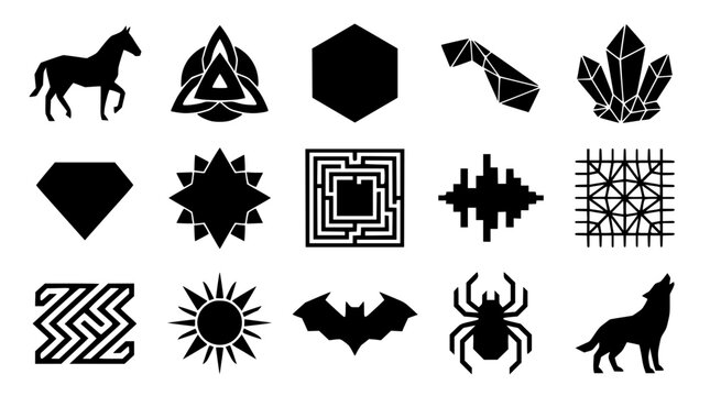 Vector silhouette collection with horse crystals diamond maze sun spider wolf and geometric shapes
