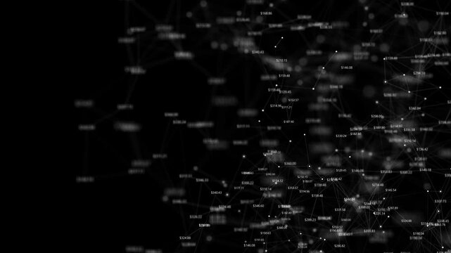 Abstract digital network displays points, financial values, floating data across a dark background. stock market blockchain presentations, fintech promotions, investment analysis, business dashboards,
