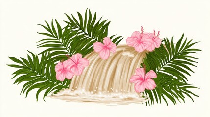 Obraz premium Tropical waterfall scene with lush green foliage and pink hibiscus flowers