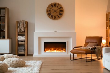 Obraz premium Interior of a modern living room with cozy electric fireplace and leather armchair
