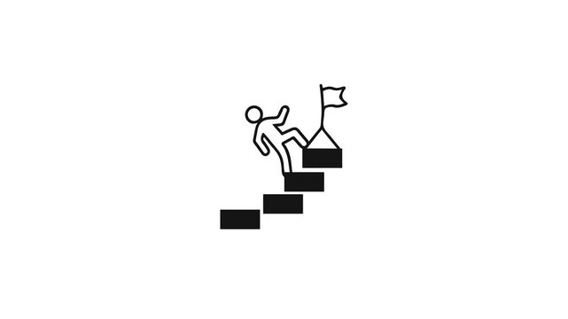 Minimalist concept animation of a person climbing stairs to a goal flag, representing business achievement and personal development s