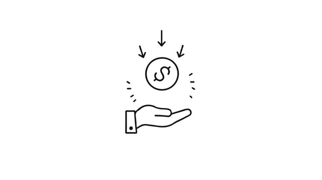 Minimalist hand holding a dollar coin icon, animated line art graphic representing financial gain and success in business.