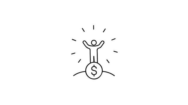Minimalist icon of a successful person standing on a golden dollar coin, representing financial growth and achievement.