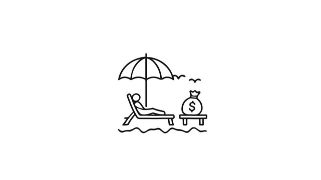 Minimalist outline icon of a person relaxing on a beach lounge chair with a money bag, financial freedom and passive income concept.
