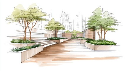 Fototapeta premium Modern urban park with trees greenery and city skyline in background