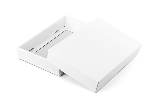 Blank open white cardboard box mockup with lid isolated on white background
