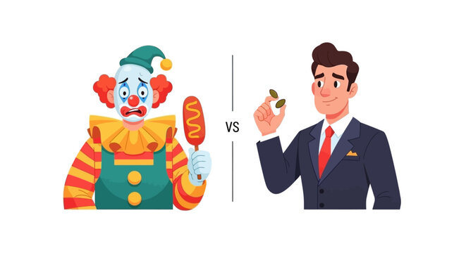 Clown Holding Corn Dog Versus Businessman Holding Seeds Comparison