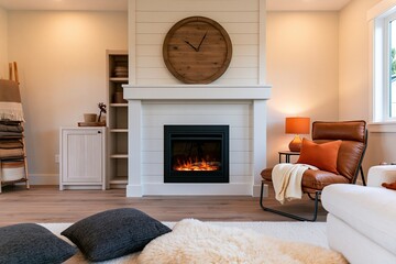 Obraz premium Living room interior with modern farmhouse decor and cozy leather fireplace design