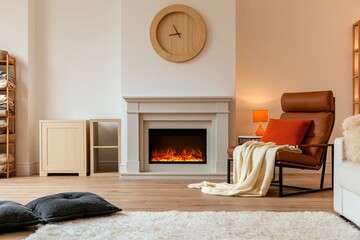 Obraz premium Interior of a modern living room with a cozy leather armchair and electric fireplace