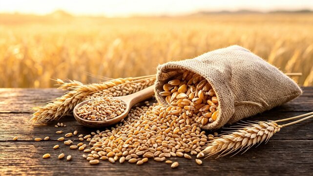 Overflowing burlap sack of wheat grains, wooden spoon and wheat ears on rustic plank with golden wheat field backdrop. Suitable for grain harvest promotion, food security themes.