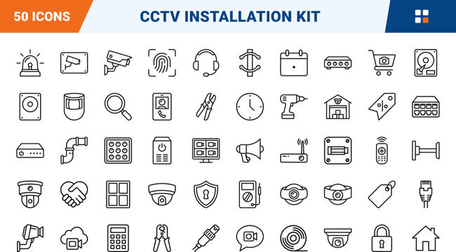 Cctv installation company line icon set. Vector pictograms of security, camera, surveillance, and dvr elements, thin linear illustration.