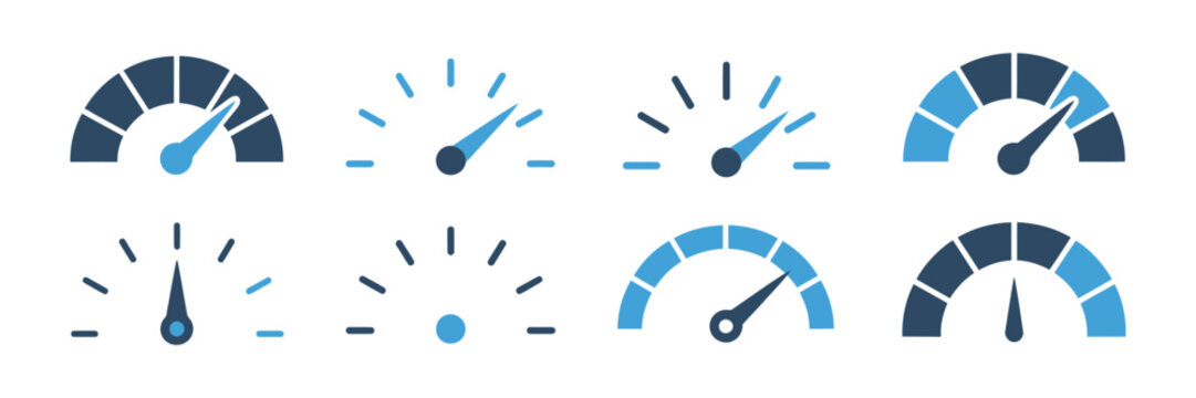 Speedometer and tachometer Gauge Icons featuring dashboard meter, performance indicator, vehicle speed and measurement symbols for vector design